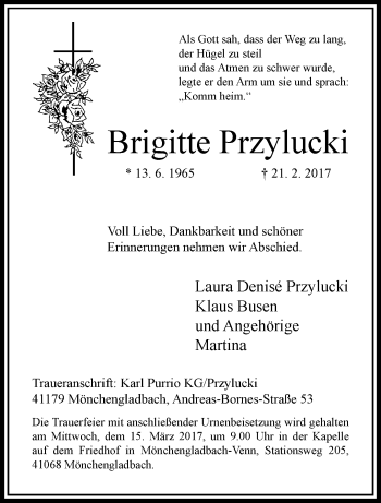 Traueranzeige von Brigitte Przylucki von trauer.extra-tipp-moenchengladbach.de