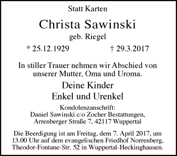 Traueranzeige von Christa Sawinski von trauer.wuppertaler-rundschau.de