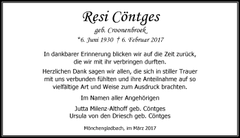 Traueranzeige von Resi Cöntges von trauer.extra-tipp-moenchengladbach.de