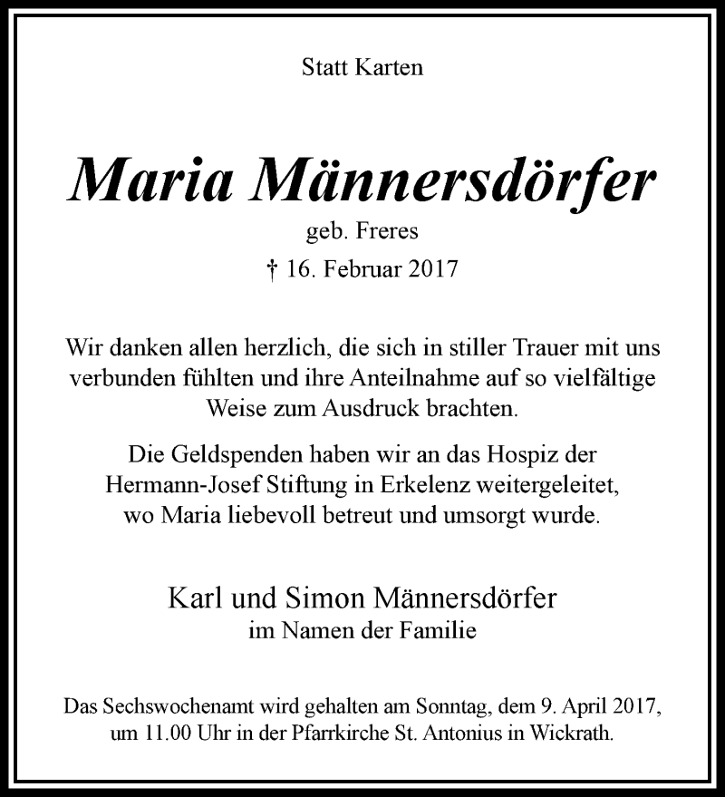  Traueranzeige für Maria Männersdörfer vom 02.04.2017 aus trauer.extra-tipp-moenchengladbach.de