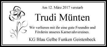 Traueranzeige von Trudi Münten von trauer.extra-tipp-moenchengladbach.de