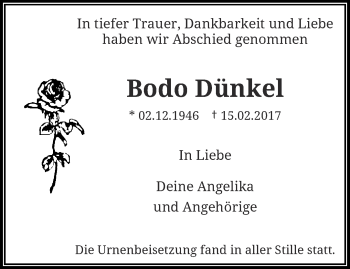 Traueranzeige von Bodo Dünkel von trauer.wuppertaler-rundschau.de