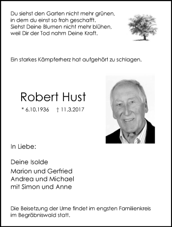 Traueranzeige von Robert Hust von trauer.wuppertaler-rundschau.de