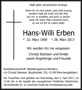 Traueranzeige von Hans-Willi Erben von trauer.extra-tipp-moenchengladbach.de