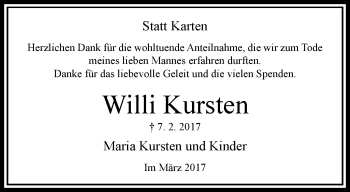 Traueranzeige von Willi Kursten von trauer.extra-tipp-moenchengladbach.de