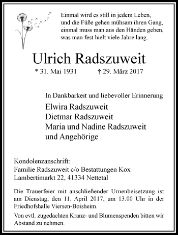 Traueranzeige von Ulrich Radszuweit von trauer.extra-tipp-moenchengladbach.de