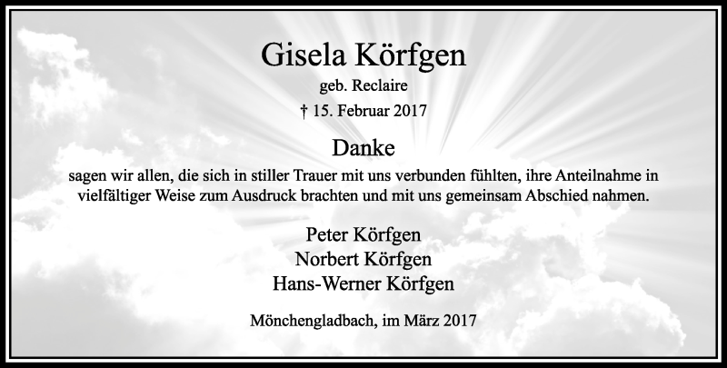  Traueranzeige für Gisela Körfgen vom 12.03.2017 aus trauer.extra-tipp-moenchengladbach.de