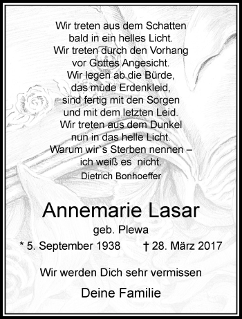 Traueranzeige von Annemarie Lasar von trauer.extra-tipp-moenchengladbach.de