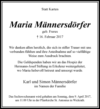 Traueranzeige von Maria Männersdörfer von trauer.extra-tipp-moenchengladbach.de