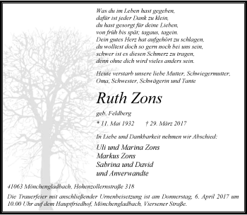 Traueranzeige von Ruth Zons von trauer.extra-tipp-moenchengladbach.de