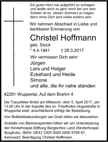 Traueranzeige von Christel Hoffmann von trauer.wuppertaler-rundschau.de