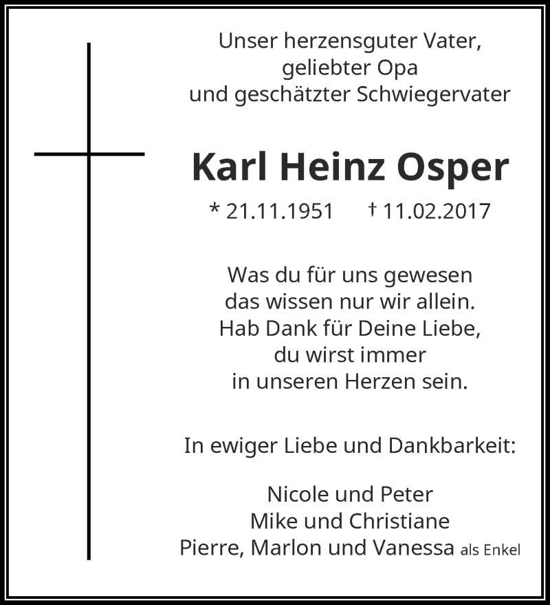  Traueranzeige für Karl Heinz Osper vom 04.03.2017 aus trauer.wuppertaler-rundschau.de