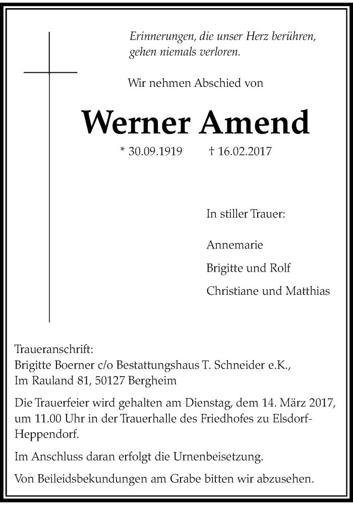  Traueranzeige für Werner Amend vom 11.03.2017 aus trauer.wuppertaler-rundschau.de