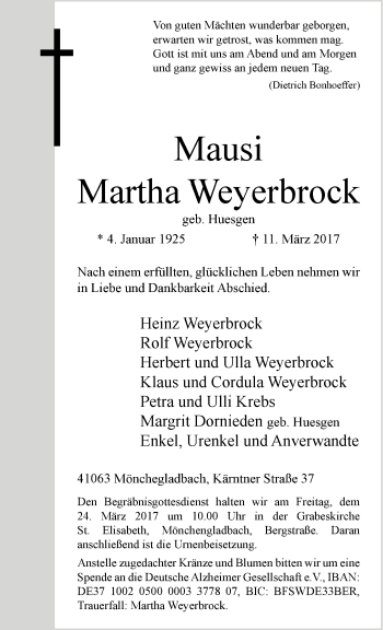 Traueranzeige von Martha Weyerbrock von trauer.extra-tipp-moenchengladbach.de