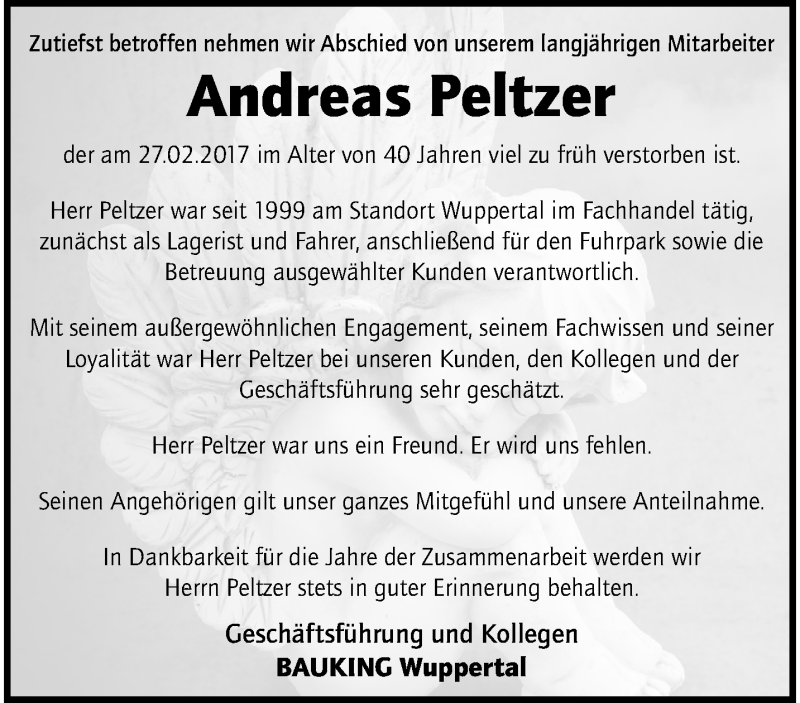 Traueranzeige für Andreas Peltzer vom 08.03.2017 aus trauer.wuppertaler-rundschau.de