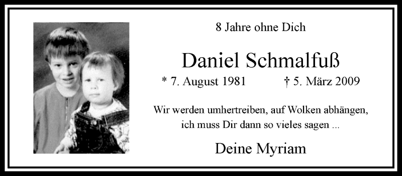  Traueranzeige für Daniel Schmalfuß vom 05.03.2017 aus trauer.extra-tipp-moenchengladbach.de