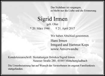 Traueranzeige von Sigrid Irmen von trauer.extra-tipp-moenchengladbach.de