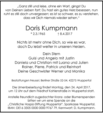 Traueranzeige von Doris Kumpmann von trauer.wuppertaler-rundschau.de