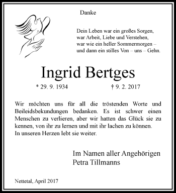 Traueranzeige von Ingrid Bertges von trauer.extra-tipp-moenchengladbach.de