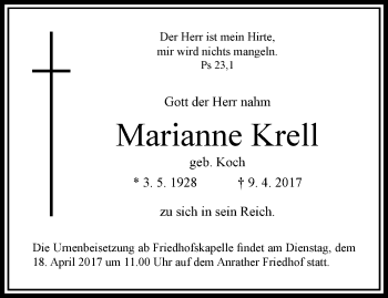 Traueranzeige von Marianne Krell von trauer.extra-tipp-moenchengladbach.de