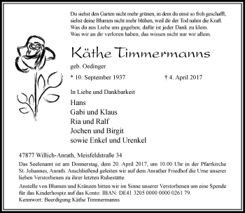 Traueranzeige von Käthe Timermanns von trauer.extra-tipp-moenchengladbach.de