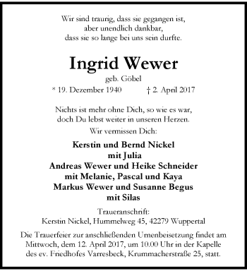 Traueranzeige von Ingrid Wewer von trauer.wuppertaler-rundschau.de