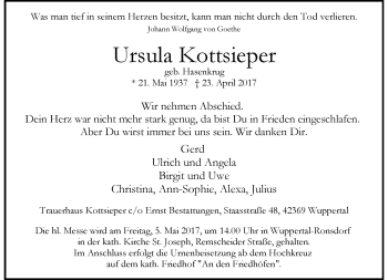 Traueranzeige von Ursula Kottsieper von trauer.wuppertaler-rundschau.de