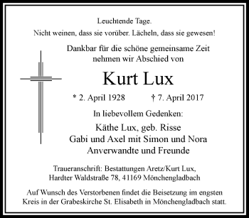 Traueranzeige von Kurt Lux von trauer.extra-tipp-moenchengladbach.de