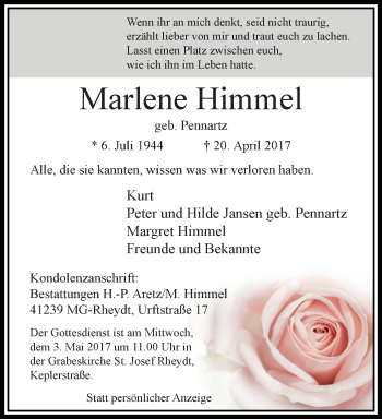 Traueranzeige von Marlene Himmel von trauer.extra-tipp-moenchengladbach.de