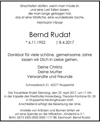 Traueranzeige von Bernd Rudat von trauer.wuppertaler-rundschau.de