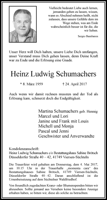 Traueranzeige von Heinz Ludwig Schumachers von trauer.extra-tipp-moenchengladbach.de