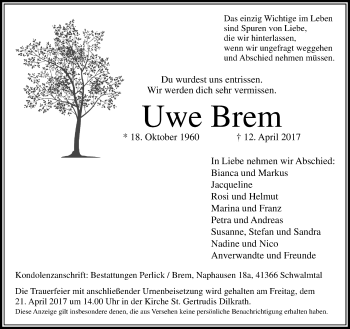 Traueranzeige von Uwe Brem von trauer.extra-tipp-moenchengladbach.de