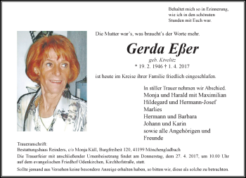 Traueranzeige von Gerda Eßer von trauer.extra-tipp-moenchengladbach.de