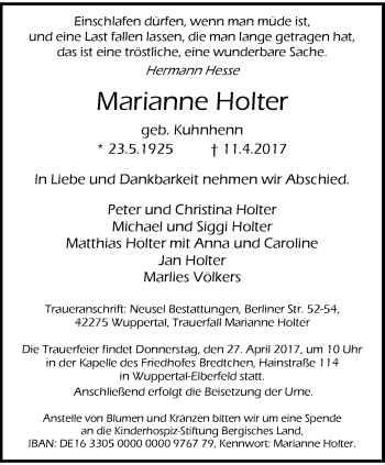 Traueranzeige von Marianne Holter von trauer.wuppertaler-rundschau.de