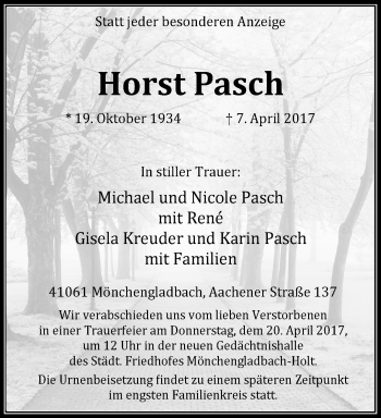 Traueranzeige von Horst Pasch von trauer.extra-tipp-moenchengladbach.de