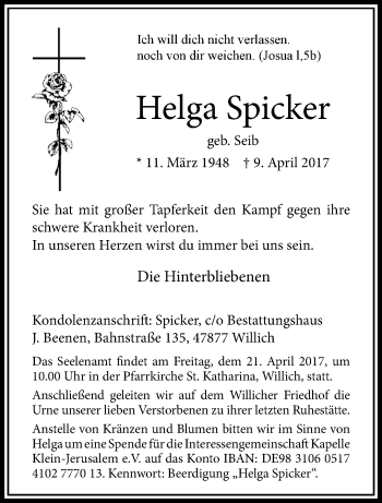 Traueranzeige von Helga Spicker von trauer.extra-tipp-moenchengladbach.de