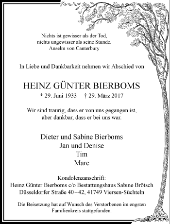 Traueranzeige von Heinz Günter Bierboms von trauer.extra-tipp-moenchengladbach.de