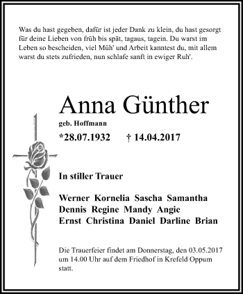 Traueranzeige von Anna Günther von trauer.mein.krefeld.de