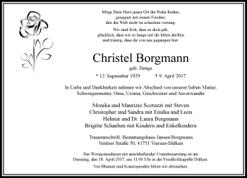 Traueranzeige von Christel Borgmann von trauer.extra-tipp-moenchengladbach.de