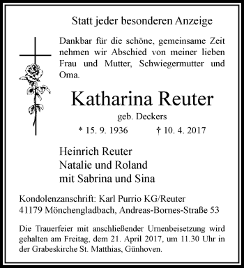 Traueranzeige von Katharina Reuter von trauer.extra-tipp-moenchengladbach.de