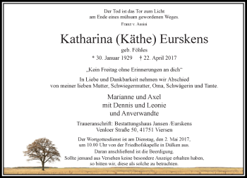 Traueranzeige von Katharina Käthe Eurskens von trauer.extra-tipp-moenchengladbach.de