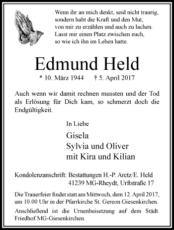 Traueranzeige von Edmund Held von trauer.extra-tipp-moenchengladbach.de