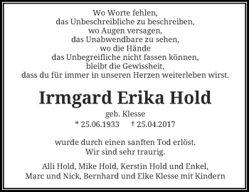 Traueranzeige von Irmgard Erika Hold von trauer.wuppertaler-rundschau.de