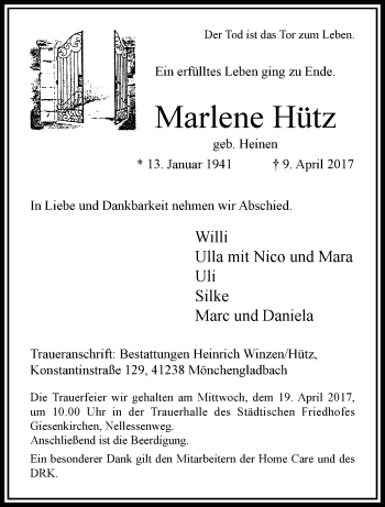 Traueranzeige von Marlene Hütz von trauer.extra-tipp-moenchengladbach.de