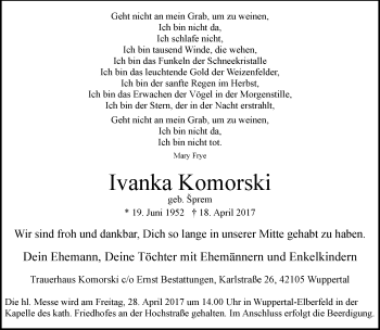 Traueranzeige von Ivanka Komorski von trauer.wuppertaler-rundschau.de