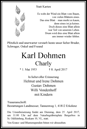 Traueranzeige von Karl Dohmen von trauer.extra-tipp-moenchengladbach.de