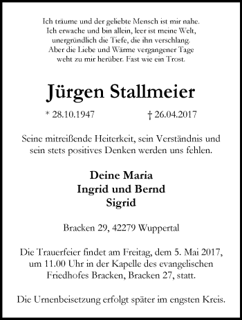 Traueranzeige von Jürgen Stallmeier von trauer.wuppertaler-rundschau.de