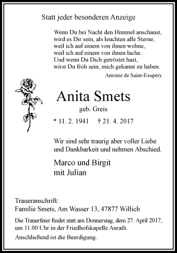 Traueranzeige von Anita Smets von trauer.extra-tipp-moenchengladbach.de