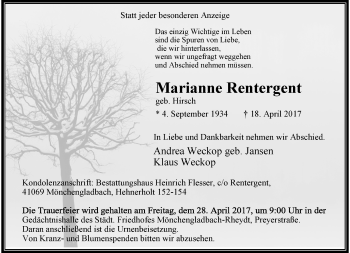 Traueranzeige von Marianne Rentergent von trauer.extra-tipp-moenchengladbach.de