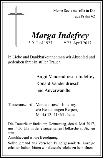 Traueranzeige von Marga Indefrey von trauer.stadt-kurier.de